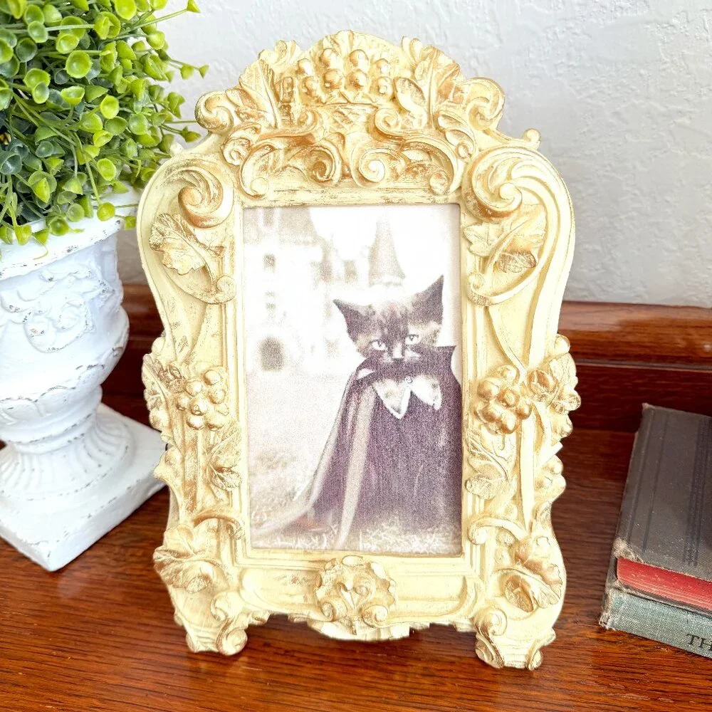 Vintage Ornate Cream and Gold Frame with Black cat - Picture 1 of 10